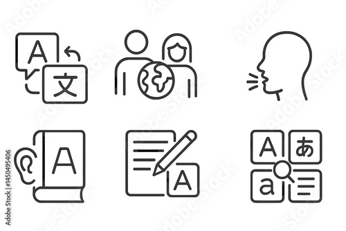 Illustration depicting language translation activities in a global context with human interactions