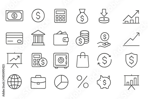Financial concepts represented through flat vector illustrations showcasing money, banking, and investment elements for educational use