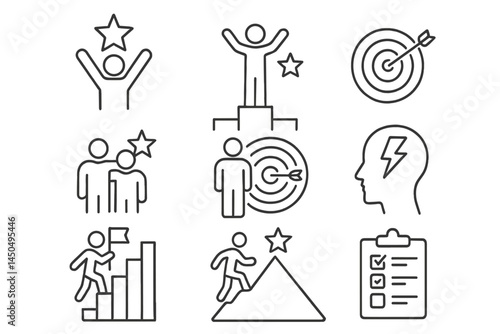 Motivational flat vector illustration depicting success, achievement, and personal growth in various scenarios