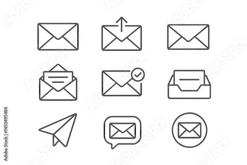 Simple flat vector illustration of various envelope icons representing communication and message sending activities