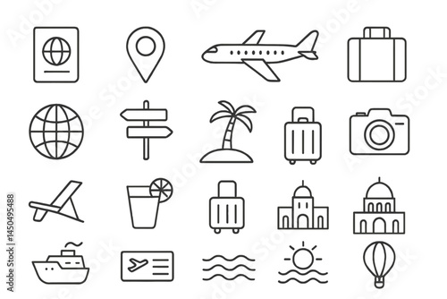 Travel planning with various icons representing activities, locations, and modes of transport for a summer vacation