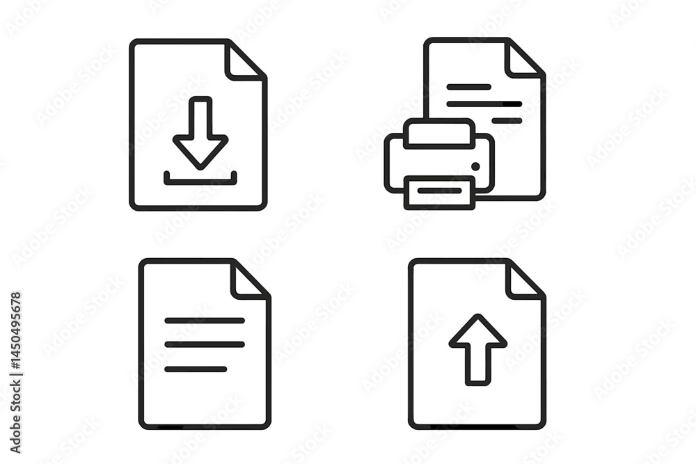Flat vector illustration showcasing document printing, downloading, and uploading activities in a minimalist design Flat vector illustration showcasing document printing, downloading, and uploading activities in a minimalist design