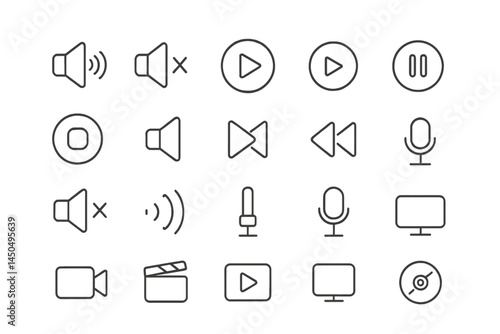Flat vector illustration of multimedia icons for sound and video controls in a modern design style