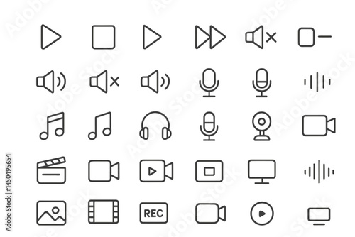 Icons for multimedia controls and sound features in a flat vector illustration style