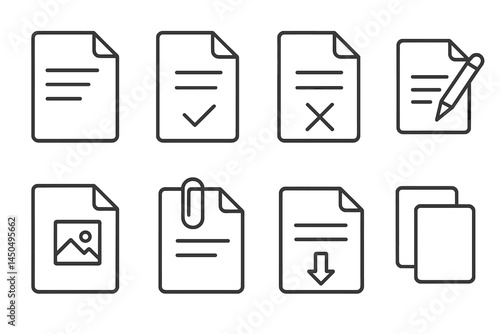 Flat vector illustration displaying various document icons in a clean and simplistic design suitable for digital media use