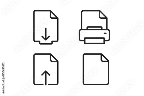 Simple flat vector illustration of icons representing file download, print, upload, and document viewing activities