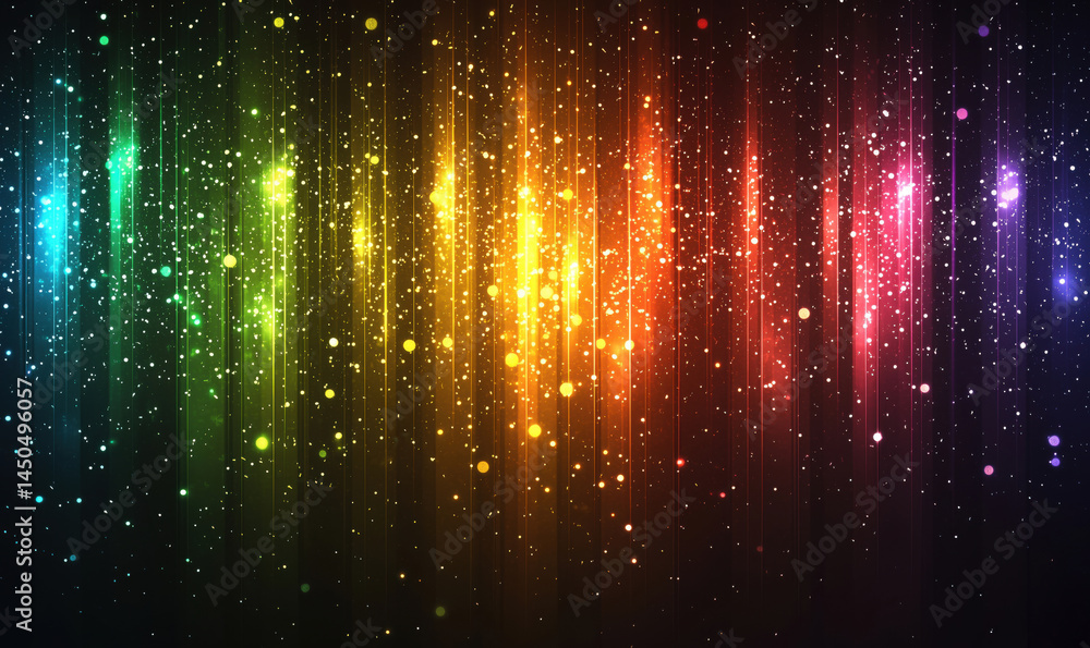 Fototapeta premium Colorful abstract light streaks with sparkling particles in vibrant rainbow hues.