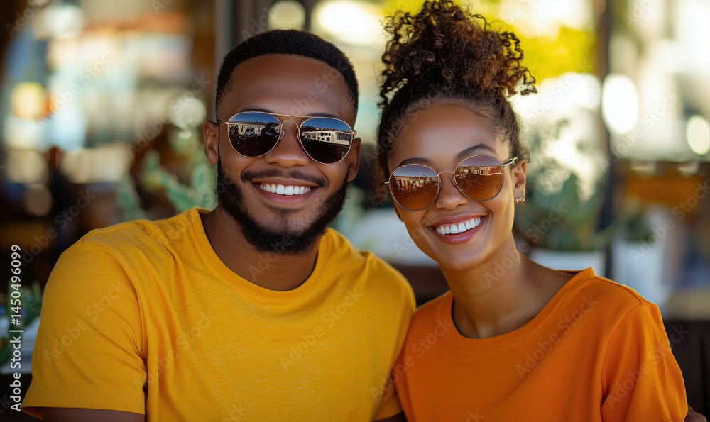 Smiling couple wearing sunglasses in matching orange outfits at a sunny outdoor cafe. Smiling couple wearing sunglasses in matching orange outfits at a sunny outdoor cafe.