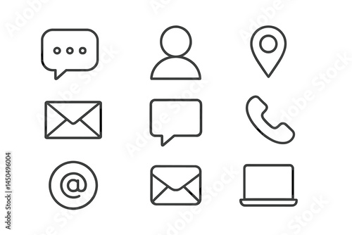 Flat vector illustration of communication icons including chat, profile, location, and devices for digital interaction