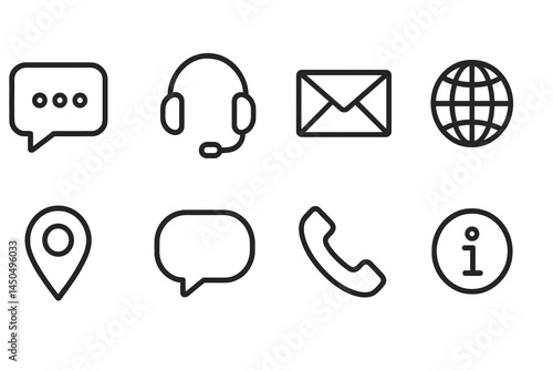 Vector illustration of communication icons representing various modes of contact and support tools for customer service interaction