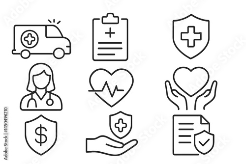 Health care symbols showcasing ambulance, medical personnel, and patient care related elements in flat vector style