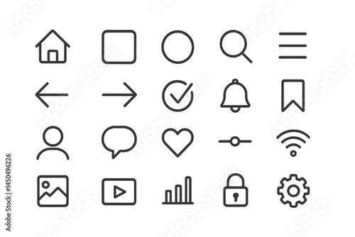 Flat vector illustration of various icons representing different functions and features in a sleek design layout suitable for digital applications