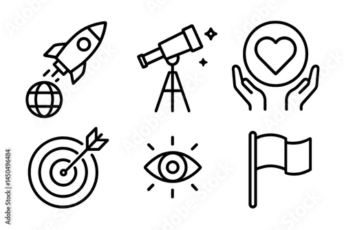 Vector illustration featuring a rocket, telescope, heart symbol, hands, target, eye, and flag representing exploration and achievement