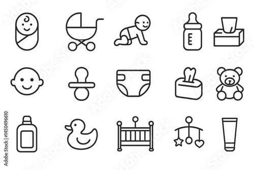 Collection of baby care items including toys, stroller, and essentials in flat vector style illustration