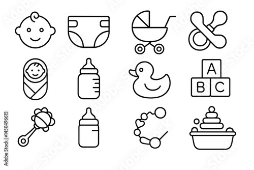 Flat vector illustration of baby items including toys, diapers, bottles, and a stroller arranged in a grid layout