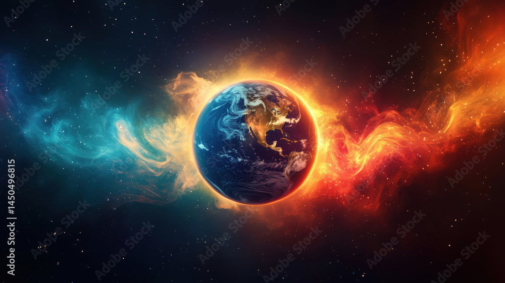 Fototapeta premium Earth surrounded by cosmic flames and colorful nebulae in space.