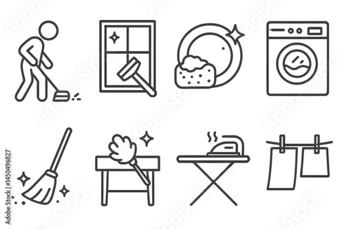 Household cleaning tasks illustrated with icons showing various activities like sweeping, washing, and ironing