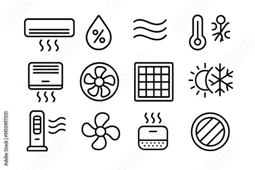 Vector illustration of various cooling and heating symbols including thermostat, fan, and humidity icon in monochrome style