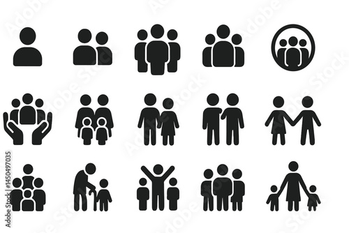 Flat vector illustration depicting various family and community interactions in diverse group settings