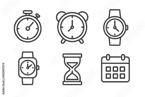 Collection of flat vector illustrations depicting various clocks and timekeeping devices in simple, clean design