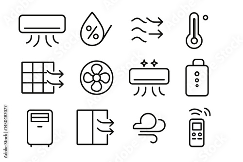 Illustration of various air conditioning elements and symbols for temperature control and humidity management