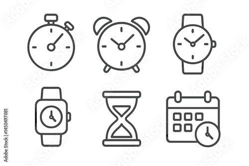 Collection of flat vector illustrations depicting various types of clocks and timekeeping devices in a minimalistic design