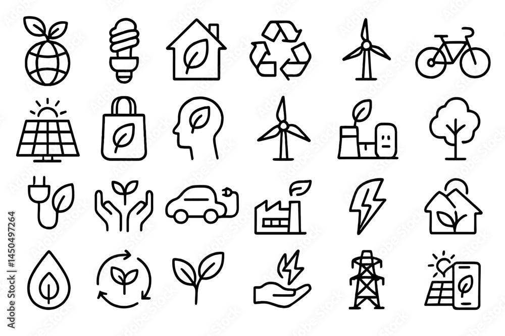 Flat vector illustration highlighting eco-friendly symbols related to sustainability and renewable energy practices Flat vector illustration highlighting eco-friendly symbols related to sustainability and renewable energy practices