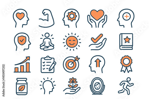 Vector collection of wellness icons representing mental health and self-improvement activities for daily motivation and growth