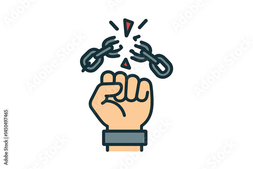 Breaking free symbol with a clenched fist and shattered chains in a flat vector style
