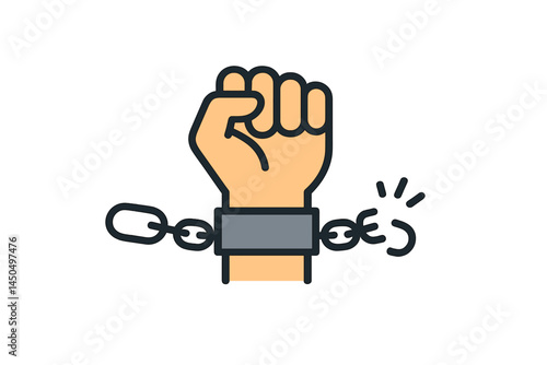 Symbolic representation of freedom with a broken chain and raised fist in a flat vector style