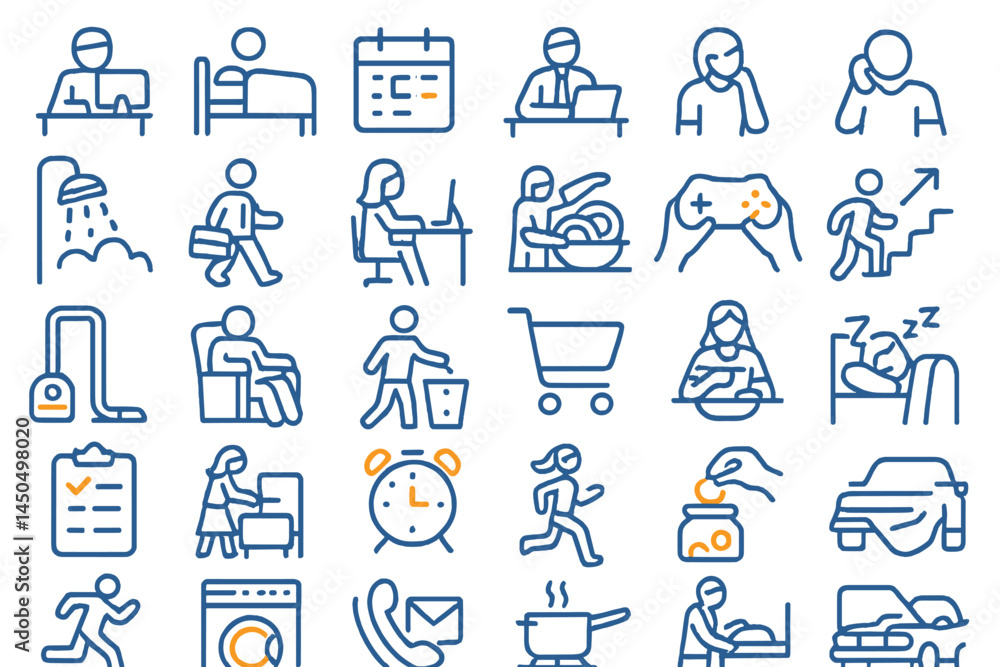 Daily activities represented through flat vector illustrations showcasing various tasks and routines in modern life Daily activities represented through flat vector illustrations showcasing various tasks and routines in modern life