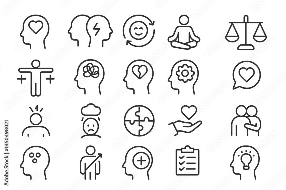 Fototapeta premium Vector illustration depicting various aspects of mental health, wellness, and personal growth through diverse symbols and icons