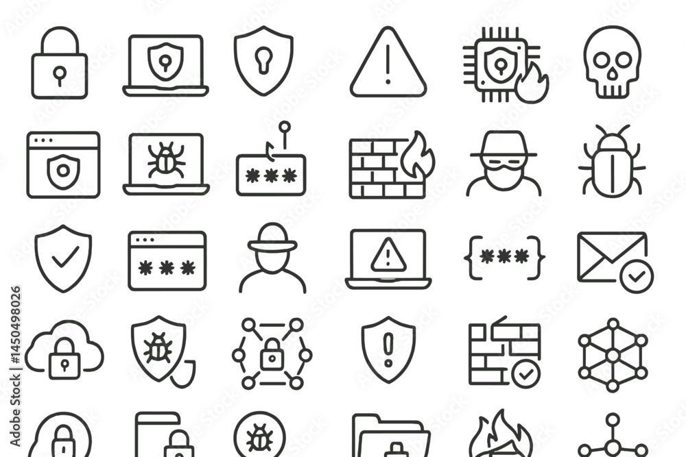 Vector graphic of cybersecurity icons representing various threats, safety measures, and protective symbols in a grid layout Vector graphic of cybersecurity icons representing various threats, safety measures, and protective symbols in a grid layout