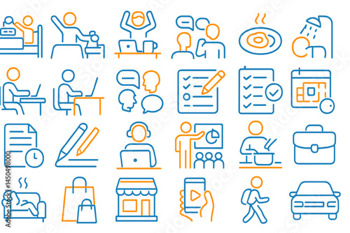 Flat vector illustration showcasing various daily activities and interactions in a modern lifestyle setup
