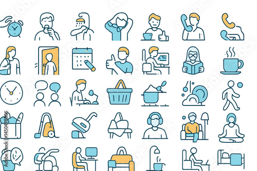 Flat vector illustration depicting everyday activities in various settings throughout the day