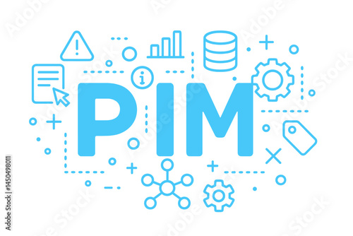 Vector illustration showcasing PIM concepts with icons representing data management and analytics processes in a modern digital environment
