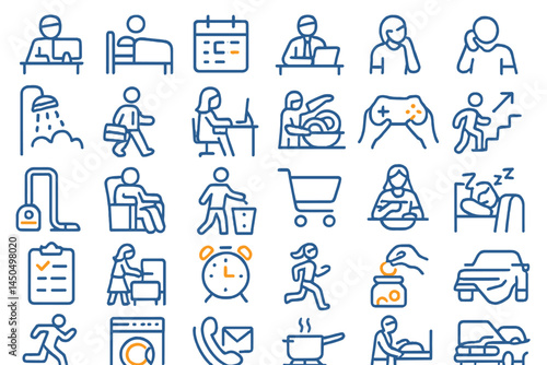 Daily activities represented through flat vector illustrations showcasing various tasks and routines in modern life