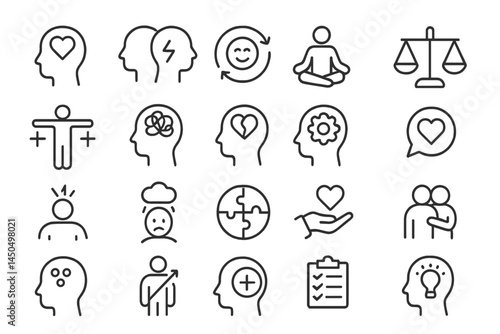 Vector illustration depicting various aspects of mental health, wellness, and personal growth through diverse symbols and icons