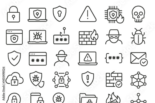 Vector graphic of cybersecurity icons representing various threats, safety measures, and protective symbols in a grid layout