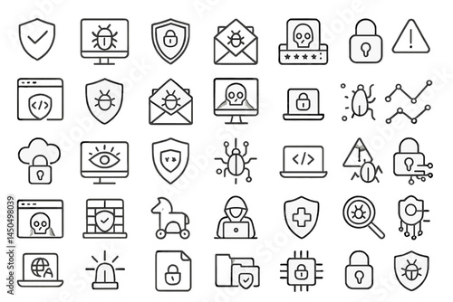 Vector illustration depicting various cybersecurity elements for online safety and protection against threats