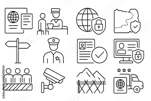 Flat vector illustration depicting various security and identification concepts related to travel and border control activities