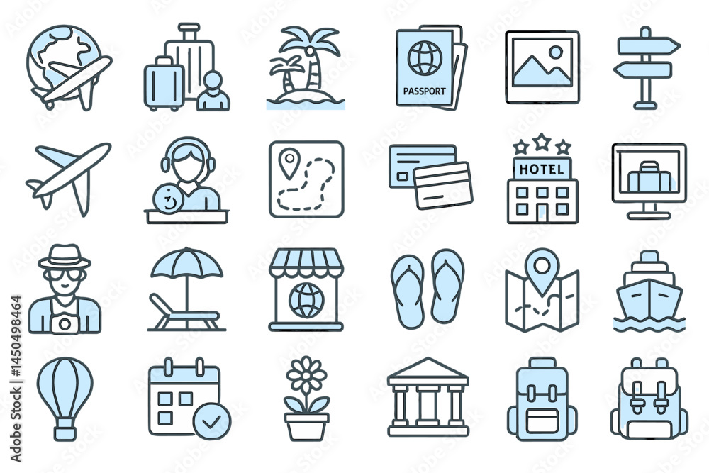 Travel-themed flat vector illustration featuring transportation, accommodation, and vacation activities for adventure planning Travel-themed flat vector illustration featuring transportation, accommodation, and vacation activities for adventure planning