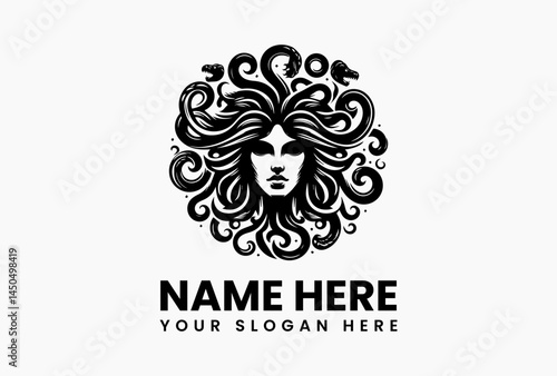 Stylized Medusa head logo in vector format with detailed snake hair design, isolated on white background for mythology, fantasy, and branding illustration 