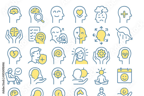 Flat vector illustration depicting various mental health concepts such as mindfulness, emotions, and well-being activities