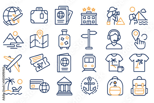 Flat vector illustration showcasing travel elements including landmarks, transportation, and adventure gear