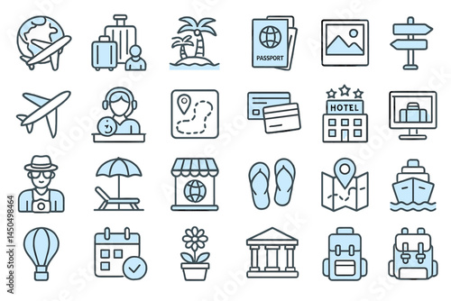 Travel-themed flat vector illustration featuring transportation, accommodation, and vacation activities for adventure planning