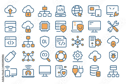 Flat vector illustration of various technology and network icons in a grid layout representing digital and cloud computing concepts