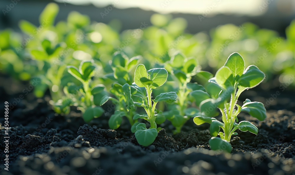 Green Seedlings Growing in Soil Under Soft Morning Light. Green Seedlings Growing in Soil Under Soft Morning Light.