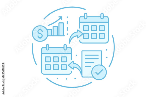 Planning and organizing financial tasks with calendars and charts in a flat vector illustration