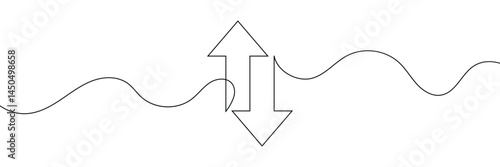 Continuous one line drawing of arrow pointing up and down. Black thin line of two directions arrow icon isolated on white background. EPS10 vector illustration for banner, template, web, app, poster.